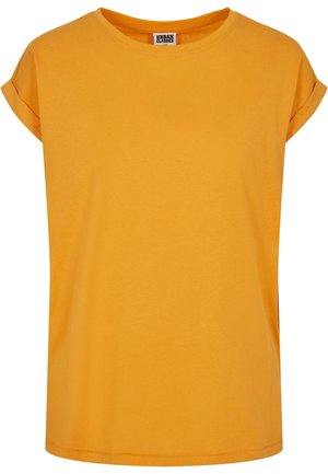 Żółty T-shirt z krótkim rękawem, z podwiniętymi mankietami i okrągłym dekoltem, z metką "Urban Classics" wewnątrz kołnierza.