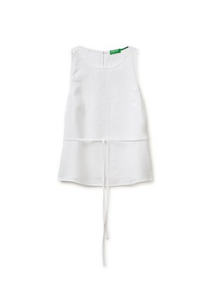 Biała bluzka bez rękawów z okrągłym dekoltem i wiązaniem w talii, z zamkiem błyskawicznym z tyłu i podwójnym obszyciem.