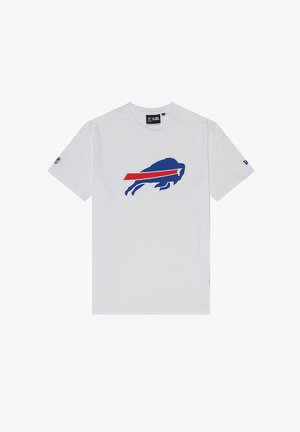 Weißes Baumwoll-T-Shirt mit einem blauen Büffel-Design, einem roten Streifen, kurzen Ärmeln und einem runden Halsausschnitt.