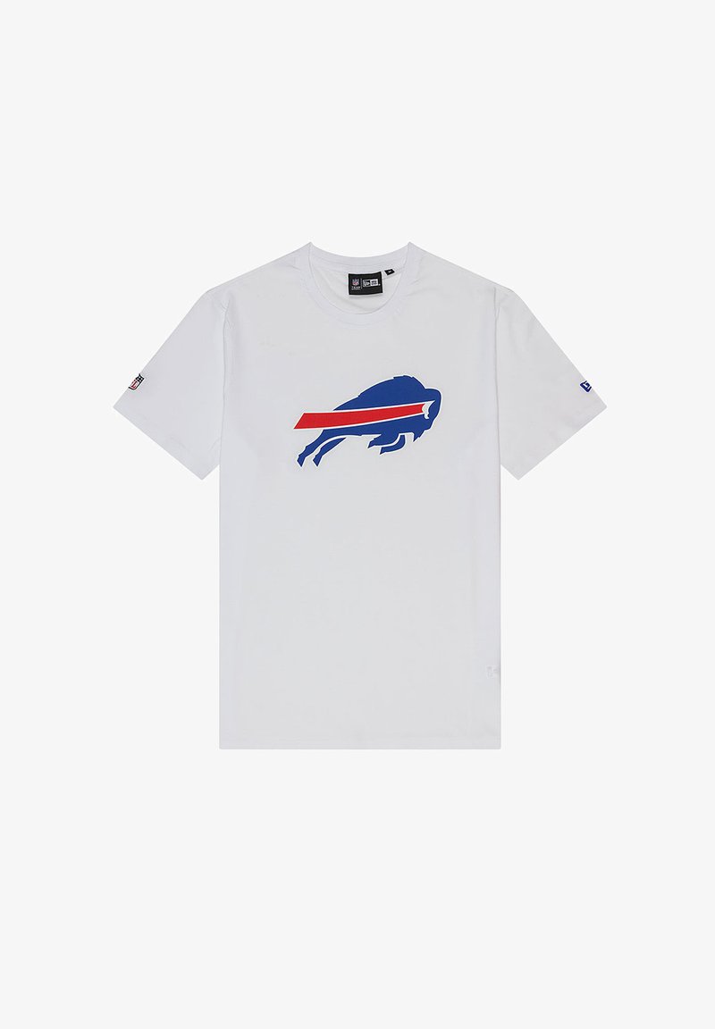 Weißes Baumwoll-T-Shirt mit einem blauen Büffel-Design, einem roten Streifen, kurzen Ärmeln und einem runden Halsausschnitt.