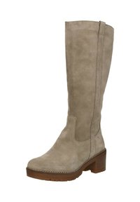 Knee-high taupe suede boots with a block heel, featuring elastic side panels, stitched detailing, and a textured rubber sole.