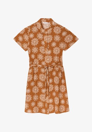 Korte mouw bruin jurkje met witte bloemenpatroon, kraagontwerp, knoopsluiting, ceintuurlijn en lengte tot de knie. Lichtgewicht stof.