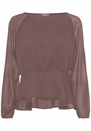 Braune, durchsichtige Bluse mit langen Ärmeln und gerafftem Bund. Fließendes Design mit einem Peplum-Saum und weicher Textur. Leichter Stoff.