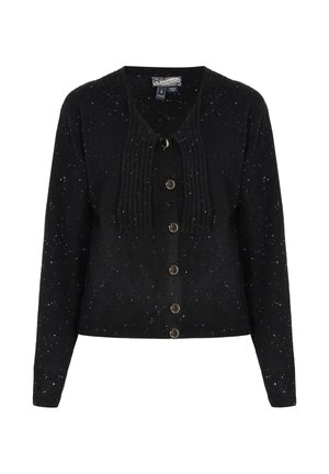 Mustmustruuduline must kardigan, millel on valged täpid, ees soonik tekstuur, dekoratiivsed nööbid ja pikad varrukad. Pehme kudumine, ümmargune kaelus.