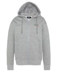 Felpa grigia con zip realizzata in materiale morbido, con tasca frontale, cappuccio con cordino e logo ricamato sul petto.
