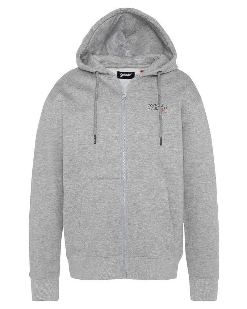 Felpa grigia con zip realizzata in materiale morbido, con tasca frontale, cappuccio con cordino e logo ricamato sul petto.
