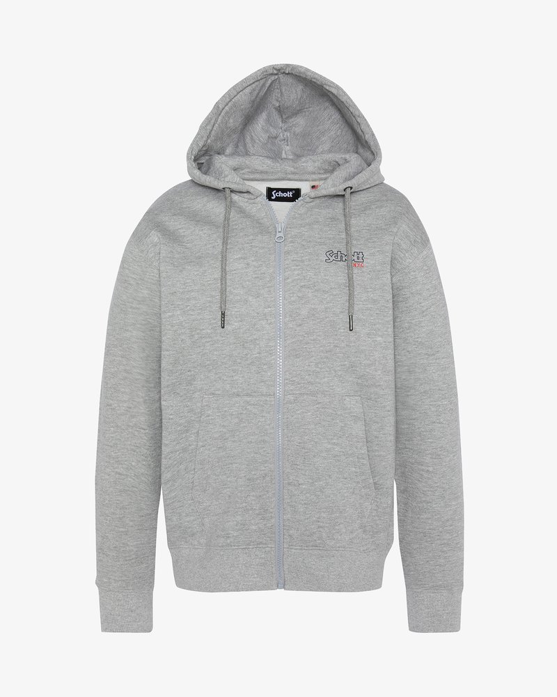 Sweat à capuche gris zippé en matériau doux, avec une poche avant, un capuchon à cordon de serrage et un logo brodé sur la poitrine.