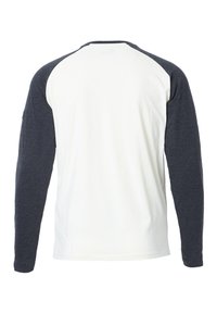 Long-sleeve raglan shirt with white body and dark gray sleeves. Made from soft fabric, features a round neckline and smooth texture.