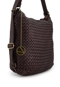 Brown woven leather shoulder bag with a textured finish, featuring a gold-tone charm and adjustable strap, showcasing intricate craftsmanship.