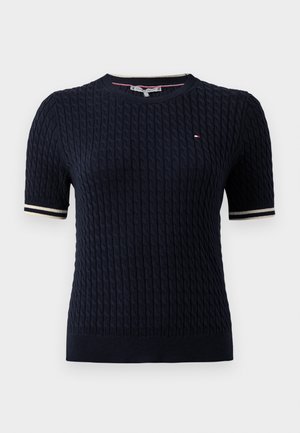 Mørkeblå kortærmet sweater med et struktureret strikdesign, der har kontrasterende ribbede manchetter og et lille logo på brystet.