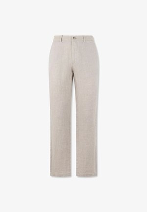 Hellbeige gerade geschnittene Hose mit Knopf- und Reißverschluss, Gürtelschlaufen und Vordertaschen, auf weißem Hintergrund gezeigt.