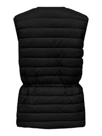 Veste sans manches matelassée noire avec des coutures horizontales et une taille légèrement cintrée, vue de dos.