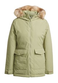 Světlá zelená zateplená bunda s kapucí s umělou kožešinou, se zipem, dvěma předními kapsami a měkkou strukturou. Obsahuje zesílené manžety.