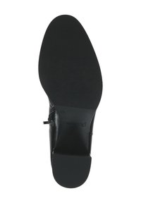 Suela de zapato de cuero negro con una superficie texturizada, forma redondeada y un tacón modesto. Presenta un logotipo de la marca y una indicación de tamaño.