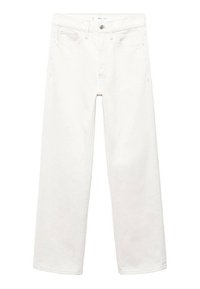 Jeans de mezclilla blanca con corte recto, que cuentan con un diseño clásico de cinco bolsillos, costuras en contraste y herrajes de botón metálico en la cintura.