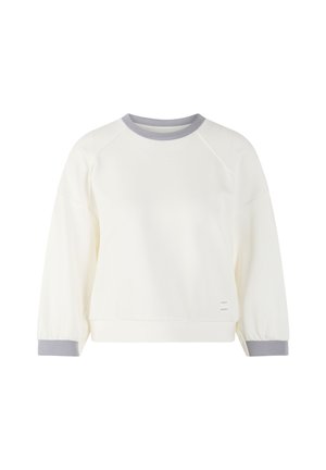 Cream pullover sweatshirt with raglan sleeves, gray accents on the neckline and cuffs, soft fabric, and a straight cut.