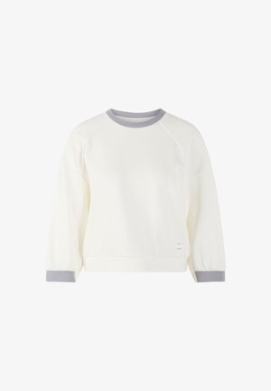 Cream pullover sweatshirt with raglan sleeves, gray accents on the neckline and cuffs, soft fabric, and a straight cut.