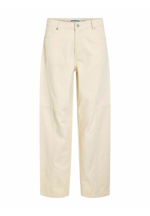 Pantalon beige taille haute à jambes droites avec poches avant, passants pour ceinture, fermeture par bouton et fermeture éclair, fabriqué en tissu lisse.