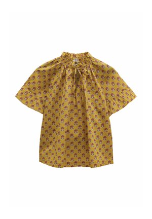 Yellow floral short-sleeve blouse featuring a gathered neckline, with a print of small purple and green flowers on a textured fabric.