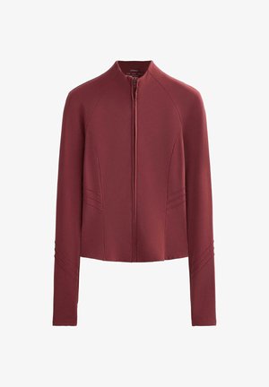Burgundy cropped jacket with long sleeves, high collar, front zipper, and textured seam lines on the sides. Made from a smooth, stretchy material.