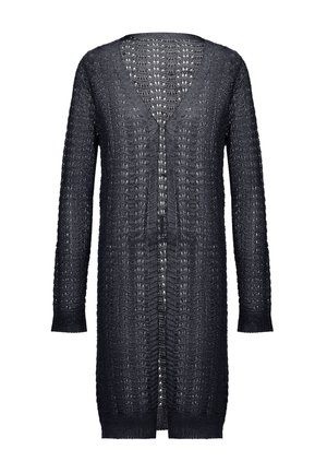Cardigan a maglia grigio scuro, lungo fino al ginocchio, con scollo a V, maniche lunghe, davanti aperto e un motivo testurizzato realizzato in tessuto a trama larga.