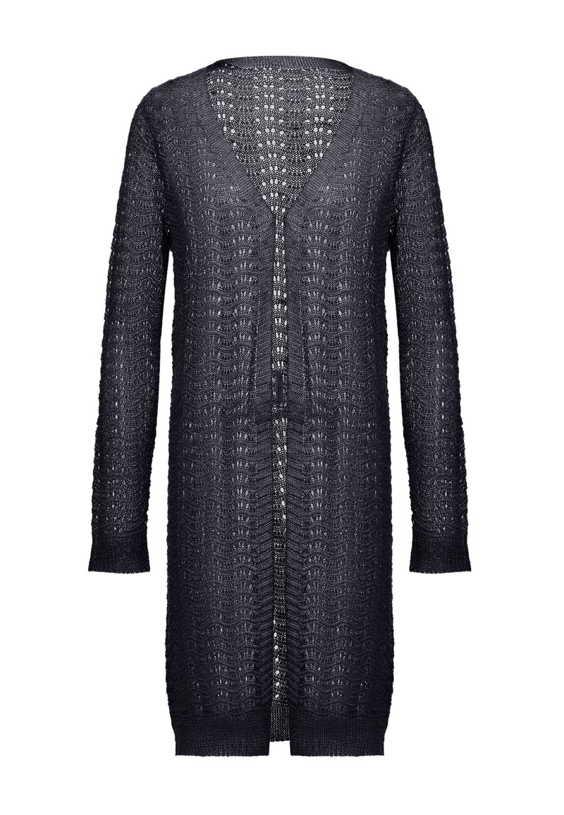 Cardigan a maglia grigio scuro, lungo fino al ginocchio, con scollo a V, maniche lunghe, davanti aperto e un motivo testurizzato realizzato in tessuto a trama larga.