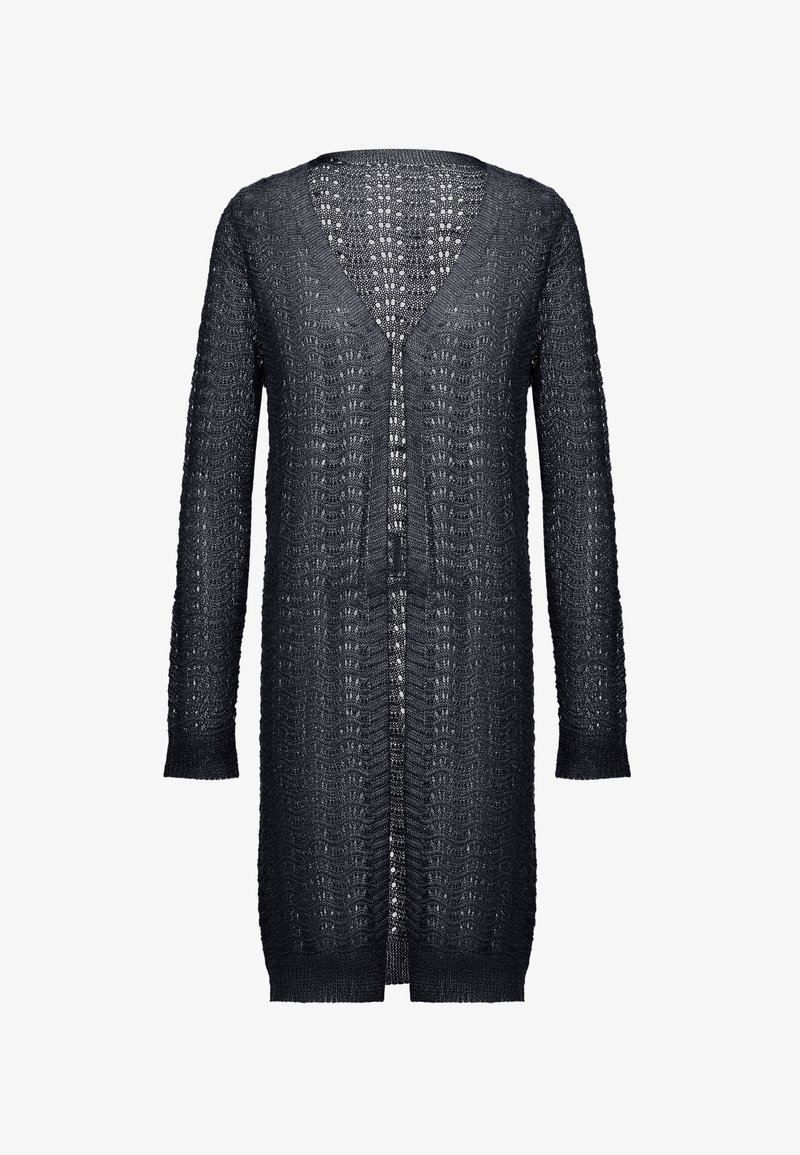 Térdig érő, sötétszürke kötött kardigán V-nyakkal, hosszú ujjakkal, nyitott előlappal és laza szövésű anyagból készült texturált mintával.