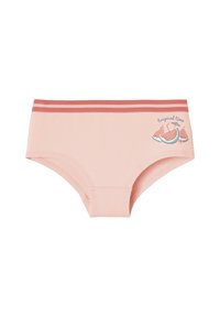 Helles rosa Baumwoll-Shorts für Jungen mit einem rot-weiß gestreiften Bund. Mit einem tropischen Muster von Wassermelonenstücken und Text.