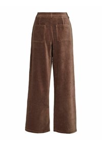 Pantalons en velours côtelé marron à jambes larges avec une texture côtelée, dotés de deux poches arrière et d'une taille haute.