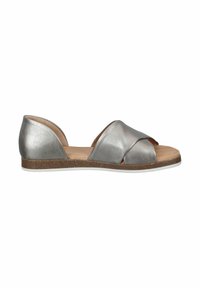 Silver leather slip-on shoe with crisscross straps, a cork-like sole, and a contoured footbed. Open heel design for breathability.