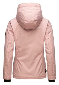 Veste à capuche rose clair avec manches longues et petit logo blanc sur le haut du dos, vue de dos.