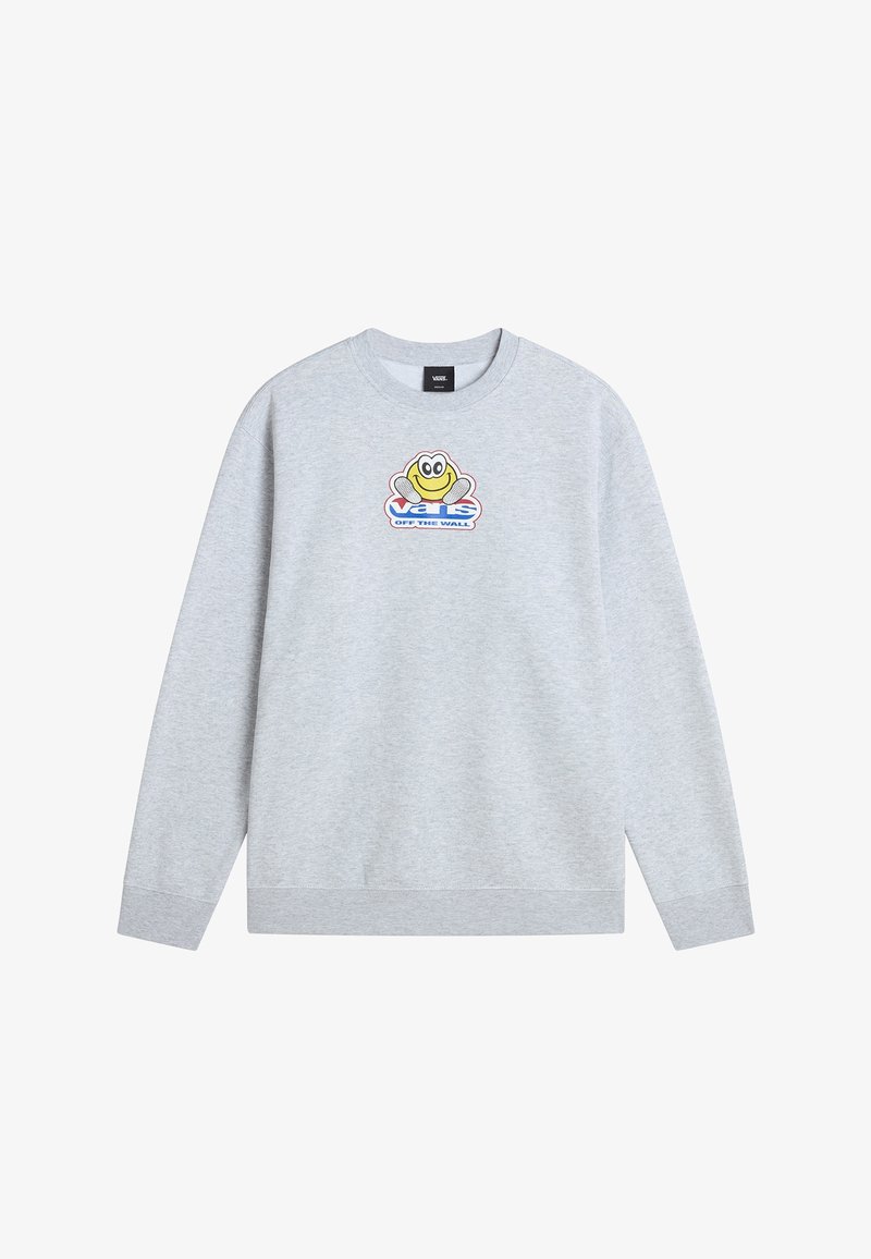 Sweat-shirt gris avec col rond, manches longues et un logo brodé coloré représentant un personnage aux grands yeux appliqué sur la poitrine.