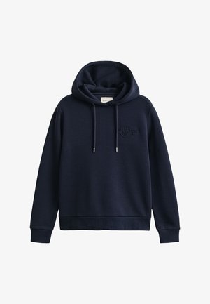 Sweat à capuche bleu marine avec poche avant, poignets et ourlet côtelés, capuche avec cordon de serrage et logo brodé discret sur la poitrine gauche.