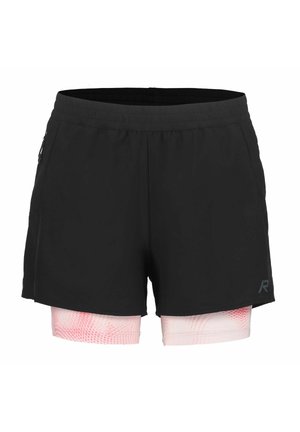 Czarne krótkie spodenki sportowe z różowo-białymi legginsami kompresyjnymi z wzorem pod spodem, z elastycznym paskiem w talii i bocznymi kieszeniami.