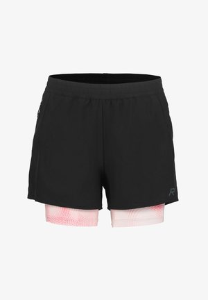 Zwarte sportbroek met roze-witte patroon compressiebroek eronder, voorzien van een elastische tailleband en zijzakken.