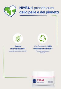 Crema antirughe NIVEA Vital in un barattolo bianco con etichetta rossa. Forma rotonda, texture liscia, confezione riciclabile con dettagli verdi.