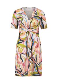 Sukienka z krótkim rękawem wykonana z lekkiego materiału, z kolorowym abstrakcyjnym wzorem zielonych, różowych i niebieskich spirali, z zawiązanym przodem.