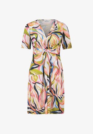 Kortærmet kjole i let stof, med et farverigt abstrakt mønster af grønne, pink og blå virvler, og en knude foran.