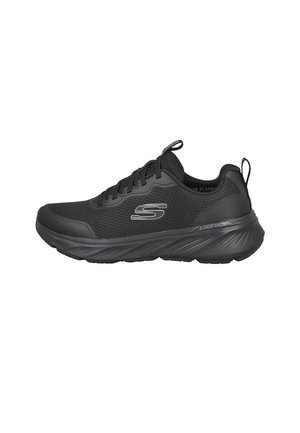 Zapatilla deportiva negra Skechers con empeine de malla, cordones delanteros y suela acolchada con la etiqueta "Edgeride" visible en el lateral.