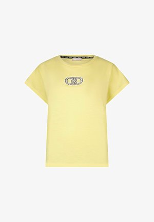 Geel T-shirt met korte mouwen, een ronde hals en een centraal geplaatste ovale logo met juweelmotief op de borst.