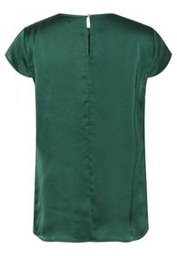 Green satin blouse with cap sleeves, back keyhole closure, and a smooth texture. Long, straight fit with a subtle sheen.