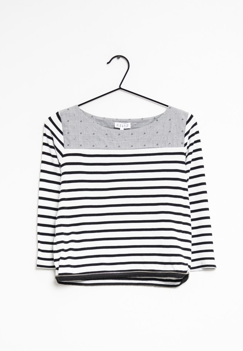 Langärmliges Oberteil mit schwarz-weißen Streifen, grauem, gemustertem Ausschnitt und schwarzem Reißverschluss am Saum. Hergestellt aus weichem, leichtem Material.