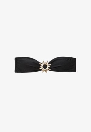 Haut de bikini bandeau noir avec tissu froncé et détail en métal doré en forme de soleil au centre avant.
