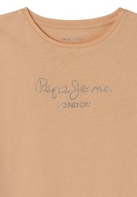 Persiku krāsas kokvilnas T-krekls ar apaļu kakla izgriezumu, kurā uz krūtīm ir mirdzošs dzirkstošo akmeņu uzraksts "Pepe Jeans LONDON".