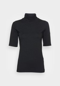 Camiseta de cuello alto negra, hecha de una suave tela elástica. Presenta mangas cortas y una forma ajustada con una textura suave. Sin gr�áficos ni estampados.