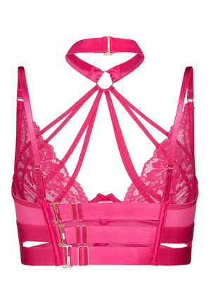 Leuchtend pinker Spitzen-BH mit mehreren dünnen Trägern, verstellbaren Schulterträgern, dreifachem Haken-und-Ösen-Verschluss hinten und Neckholder-Verschlussdetails.