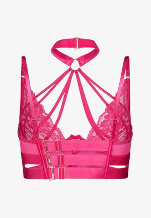 Leuchtend pinker Spitzen-BH mit mehreren dünnen Trägern, verstellbaren Schulterträgern, dreifachem Haken-und-Ösen-Verschluss hinten und Neckholder-Verschlussdetails.