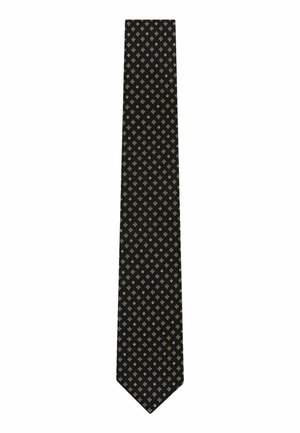 Schwarze Krawatte mit kleinem weißem und goldenem Rautenmuster gleichmäßig verteilt.