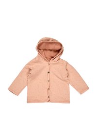 Pink hooded jacket made of soft fabric with speckled pattern, featuring a front button closure and long sleeves.
