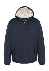 Marineblå puffjakke med hætte, der har en blød fleecefor, frontlynlås og to lynlåslommer på siden. Elastiske manchetter og kant.